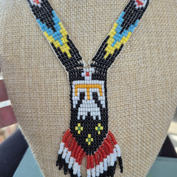 Native Beaded Necklace - Black, Red, Yellow, Blue - Picture 6 of 9